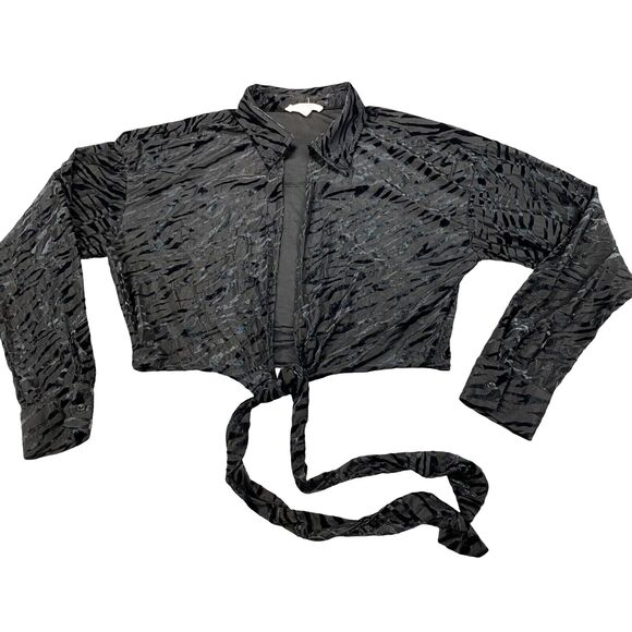 12th Tribe Crop Blouse Womens Medium Black Zebra Print Long Sleeve Tie Front - Picture 1 of 13